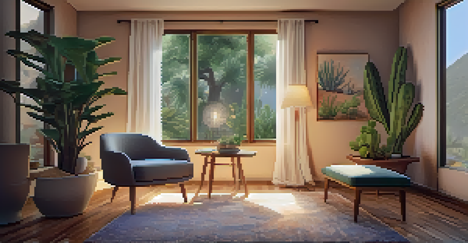 A cozy therapy room with soft lighting, featuring a peyote cactus on a table and calming decor.