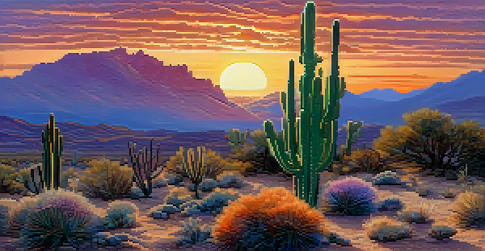 A peaceful desert scene with a peyote cactus in the foreground and a colorful sunset sky.