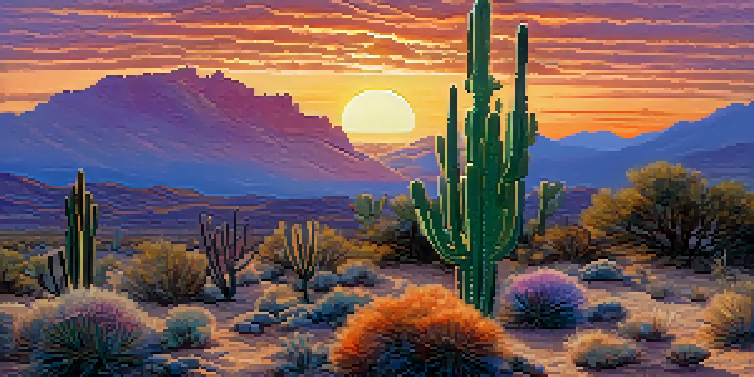 A peaceful desert scene with a peyote cactus in the foreground and a colorful sunset sky.