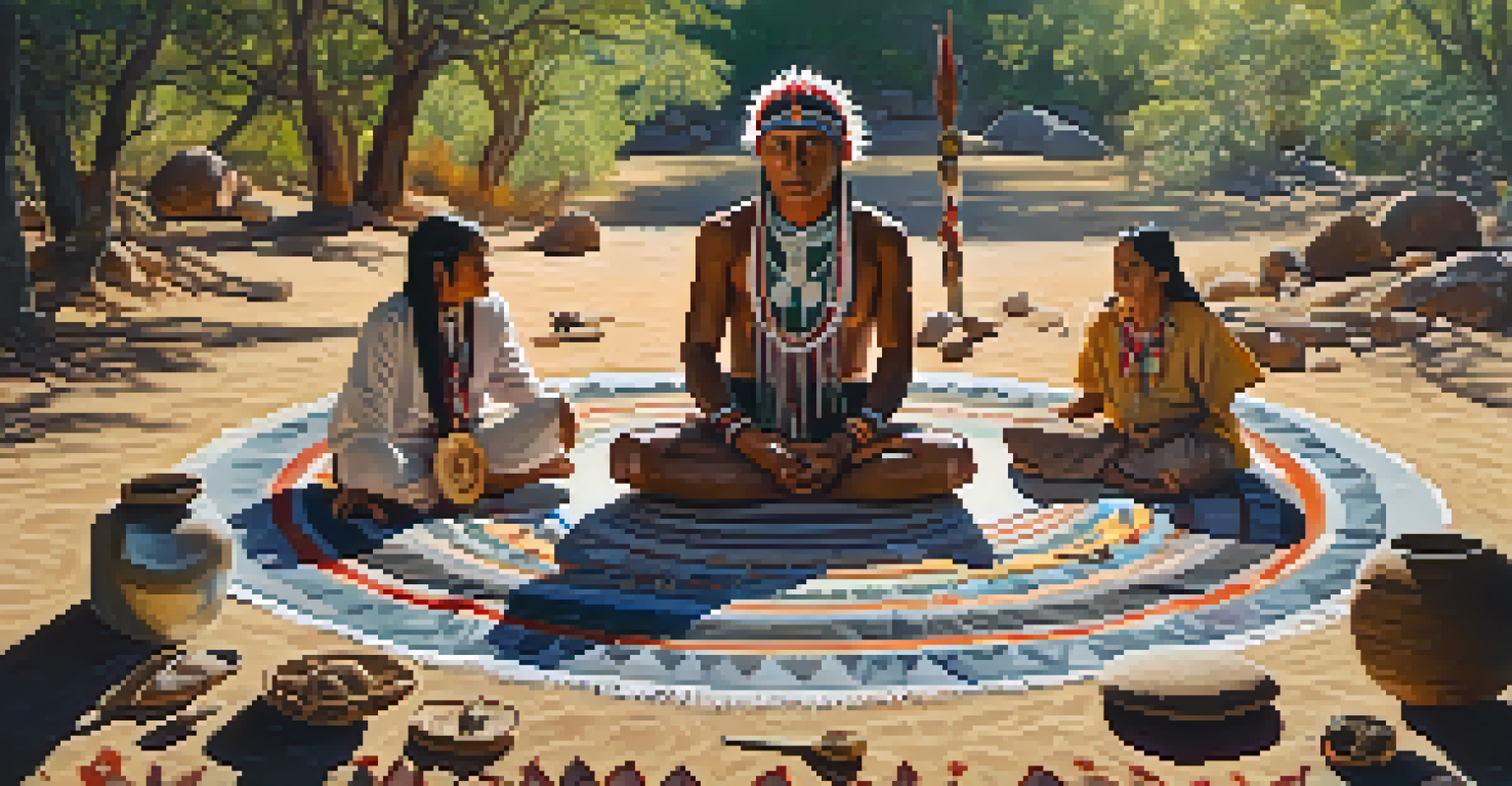An Indigenous individual in a natural setting, surrounded by ceremonial items, contemplating the spiritual significance of peyote under filtered sunlight.
