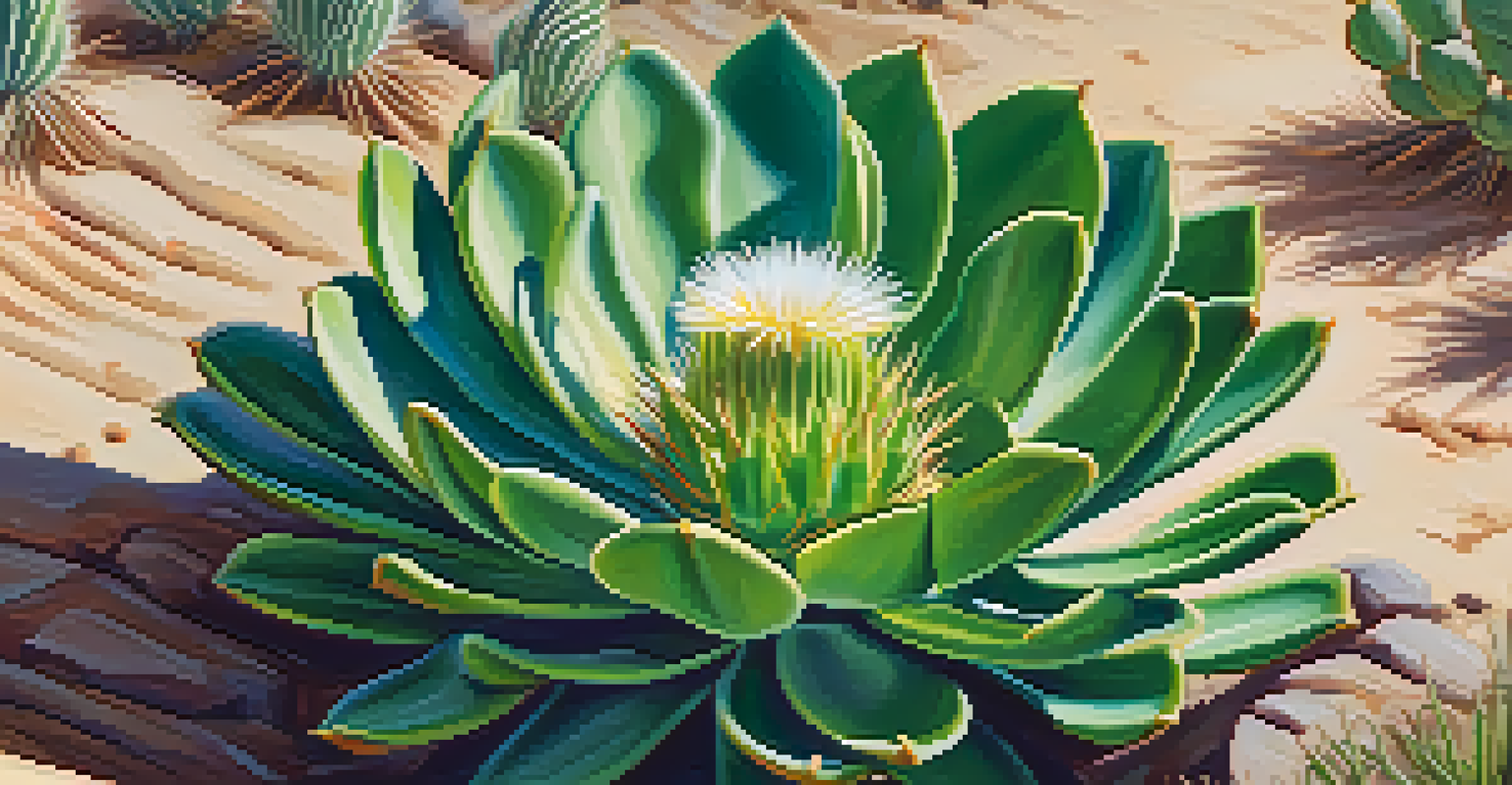 Close-up of a vibrant green peyote cactus, showing its spines and flowers against a blurred desert background.