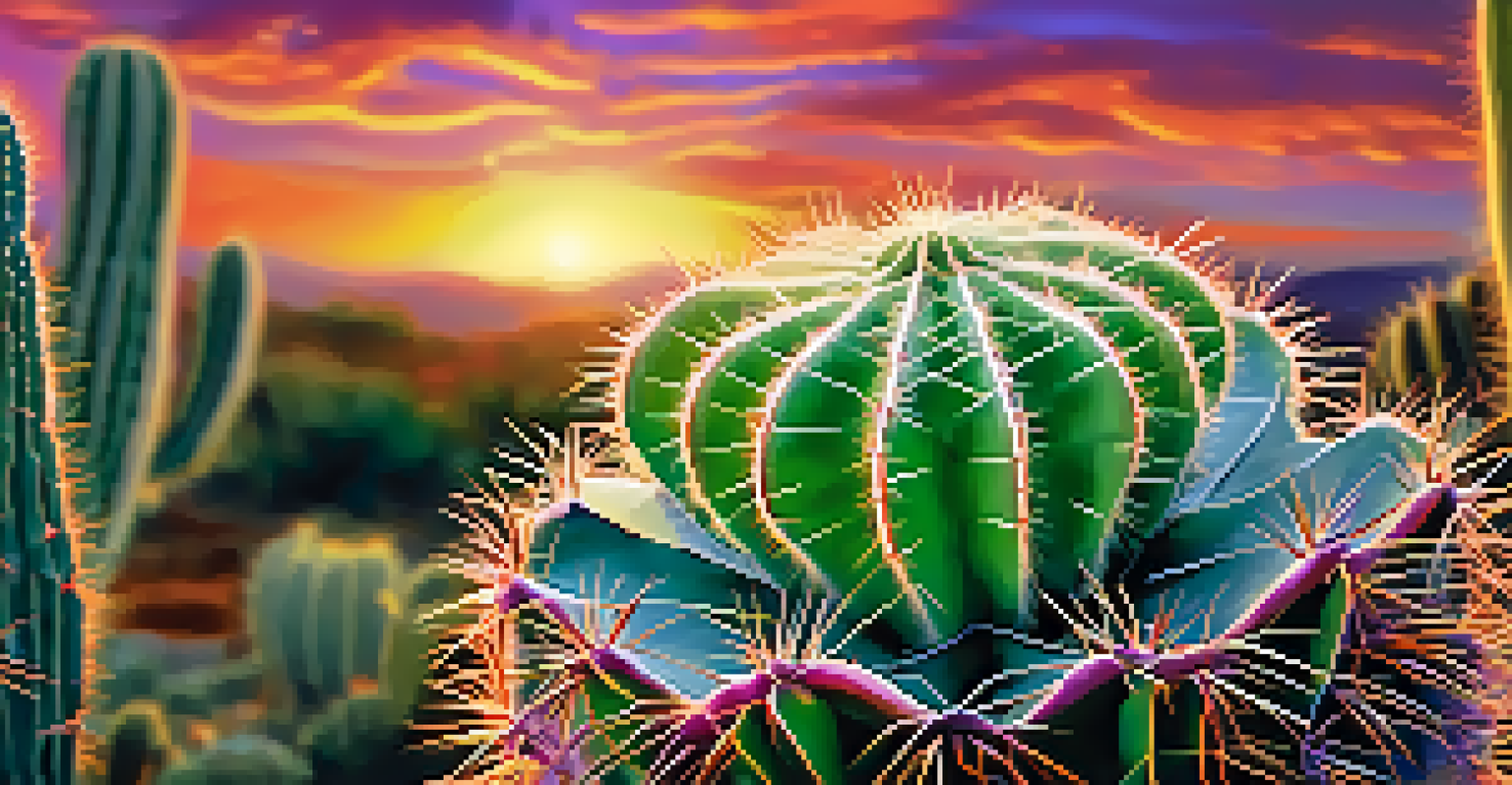 Close-up of a peyote cactus with a sunset sky in the background, showcasing rich colors and textures.