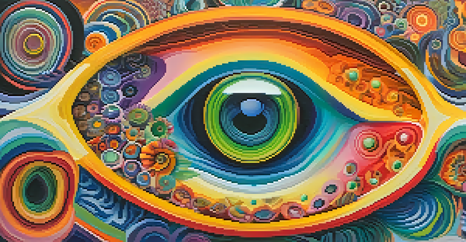 An abstract artwork depicting the vivid and colorful inner experience of a peyote journey, featuring swirling patterns and symbolic elements.