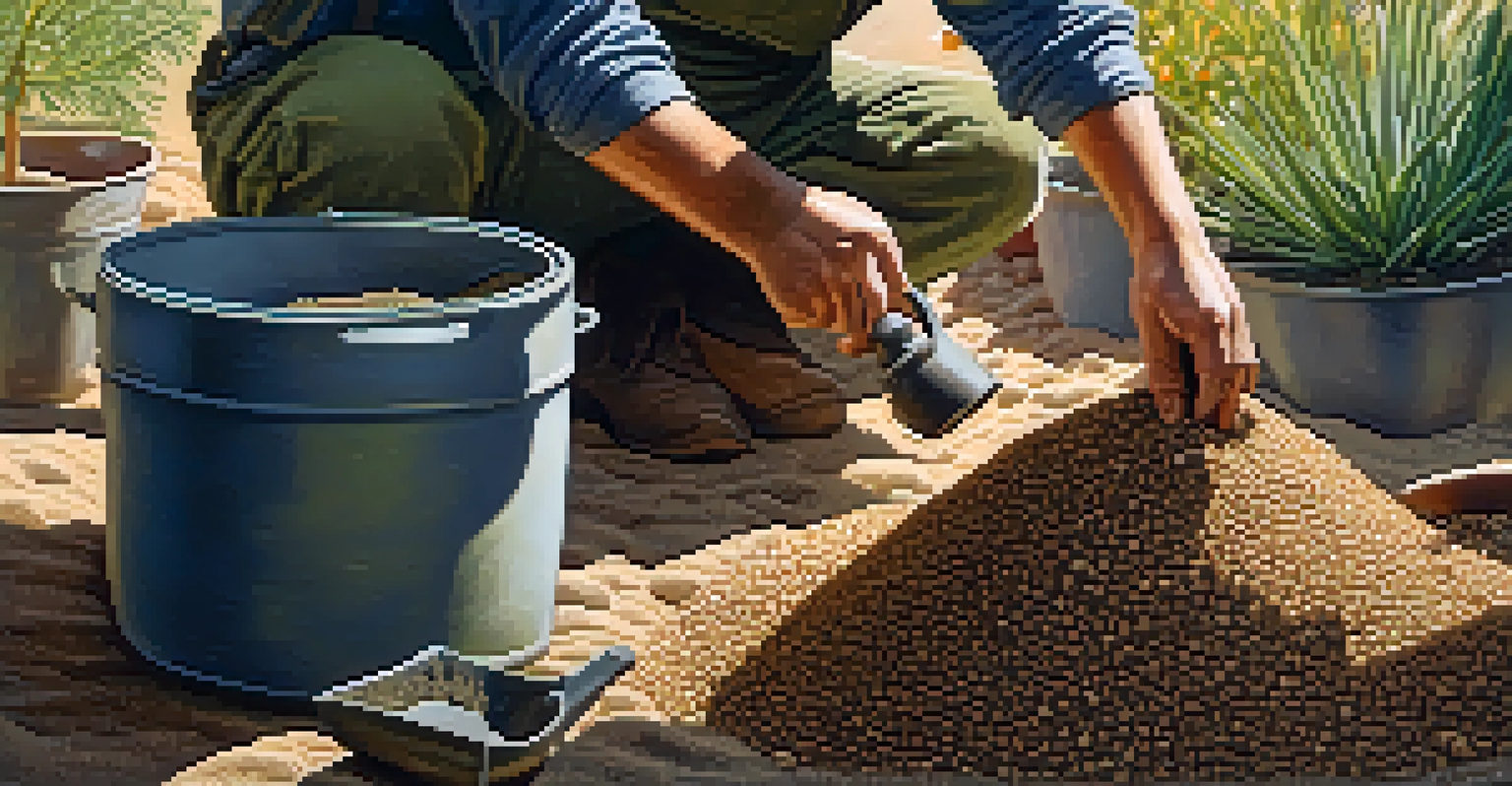A gardener mixing soil components for peyote cultivation with sand, perlite, and peat moss.