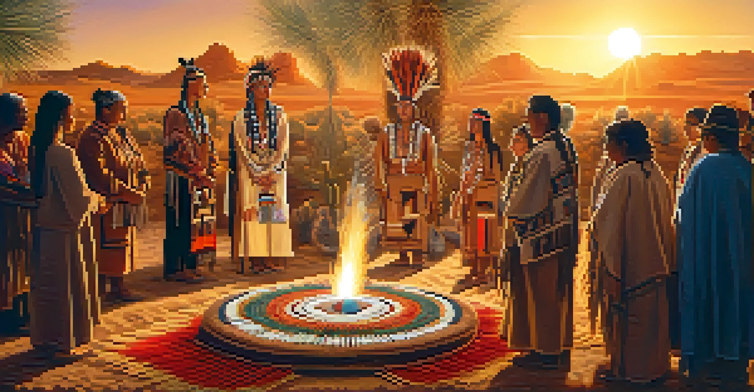 A Native American ceremony with participants in traditional attire, gathered around a peyote cactus surrounded by symbols.