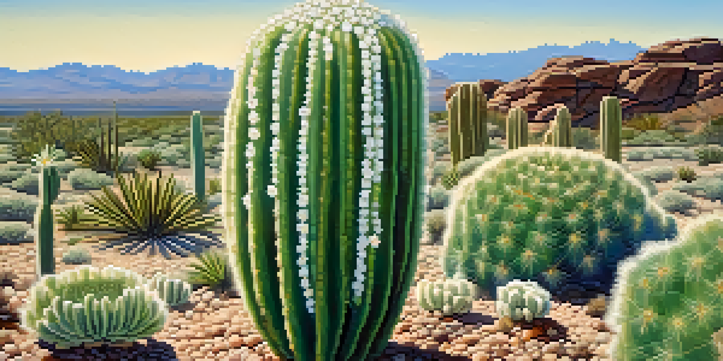 Close-up of a peyote cactus with white flowers in the Chihuahuan Desert, under a bright blue sky.
