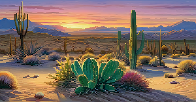 A beautiful desert scene at sunset with a peyote cactus in the foreground, surrounded by sand and sparse plants.