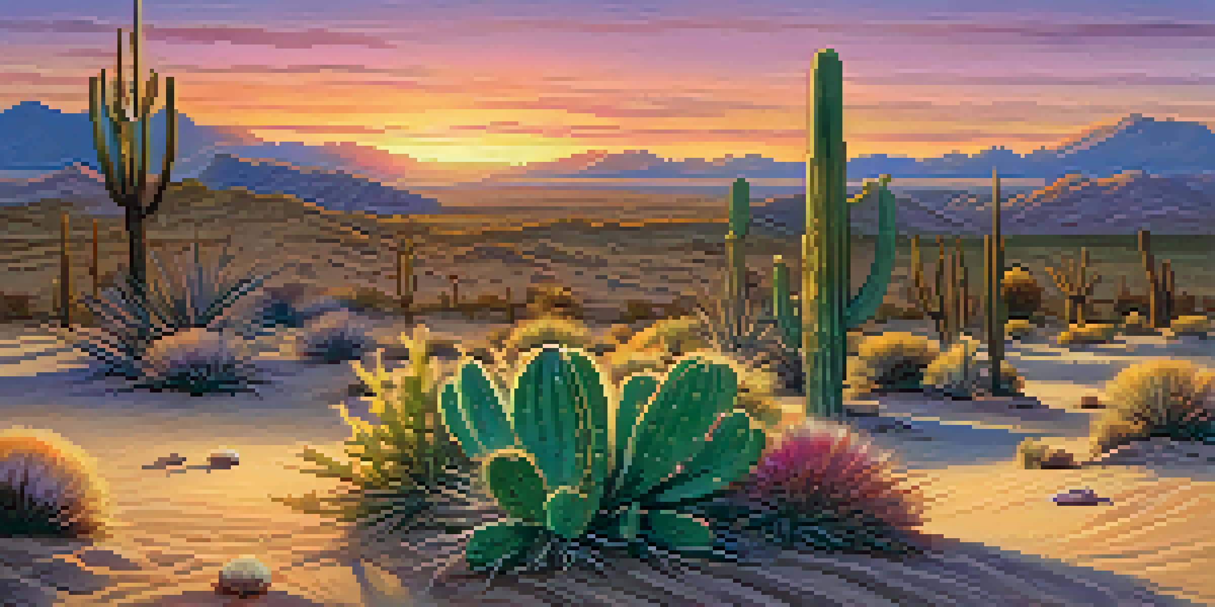 A beautiful desert scene at sunset with a peyote cactus in the foreground, surrounded by sand and sparse plants.