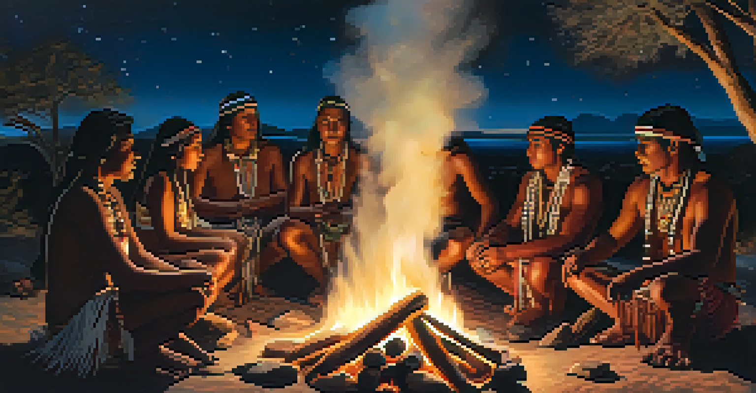 Indigenous people participating in a peyote ceremony around a fire at night, with a starry sky above.