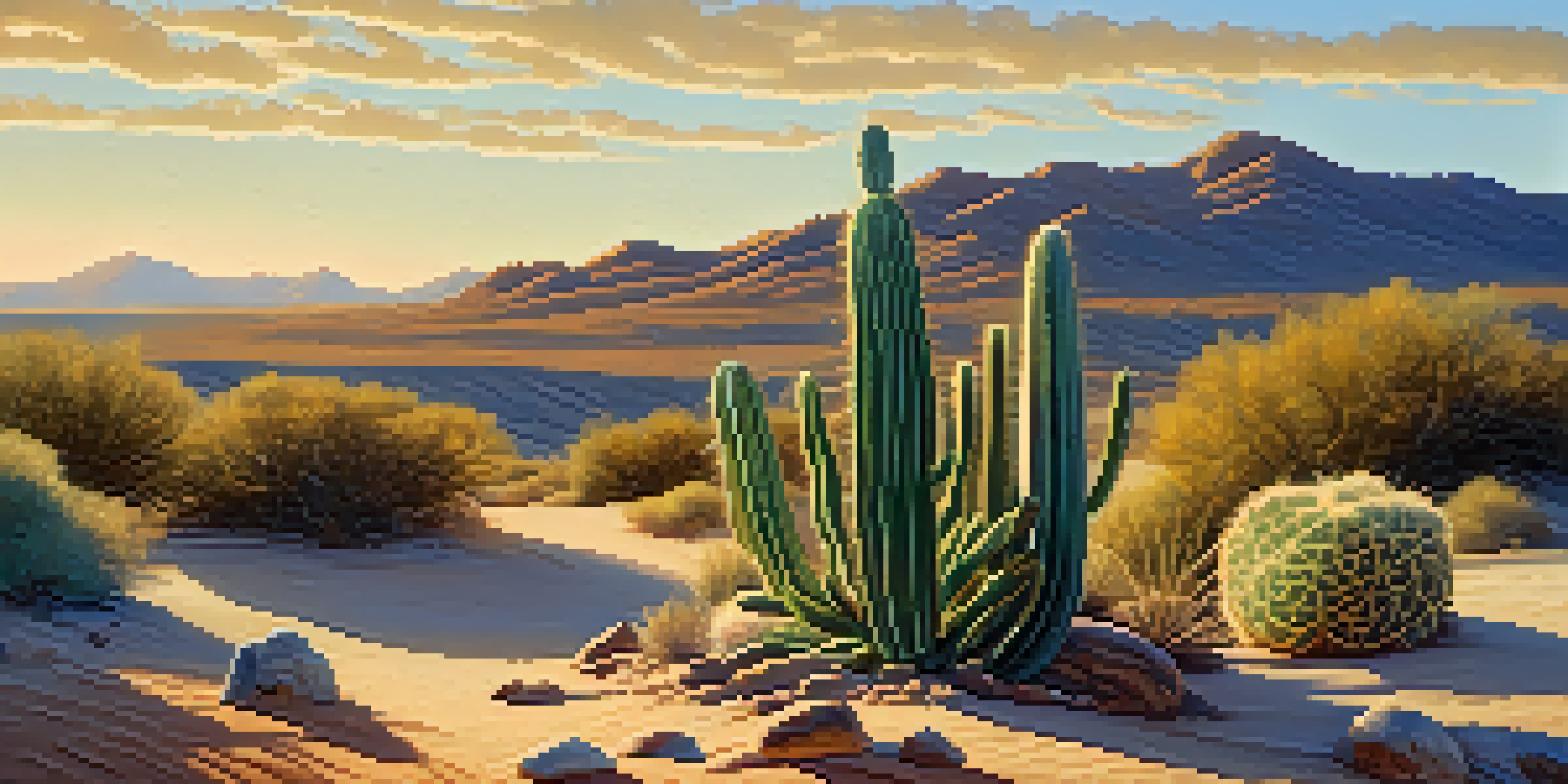 A small Peyote cactus in a peaceful desert landscape with golden sunlight and rolling hills in the background.