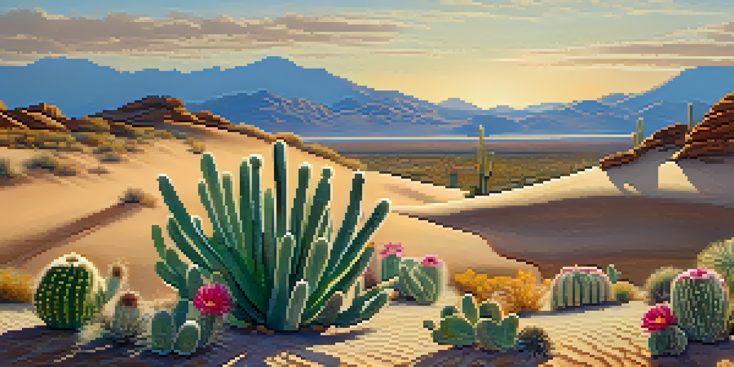 A vibrant peyote cactus in a serene desert landscape with golden sand dunes and blue sky.