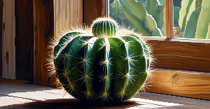 A close-up of a peyote cactus on a rustic wooden table, with soft natural light highlighting its texture and colors.