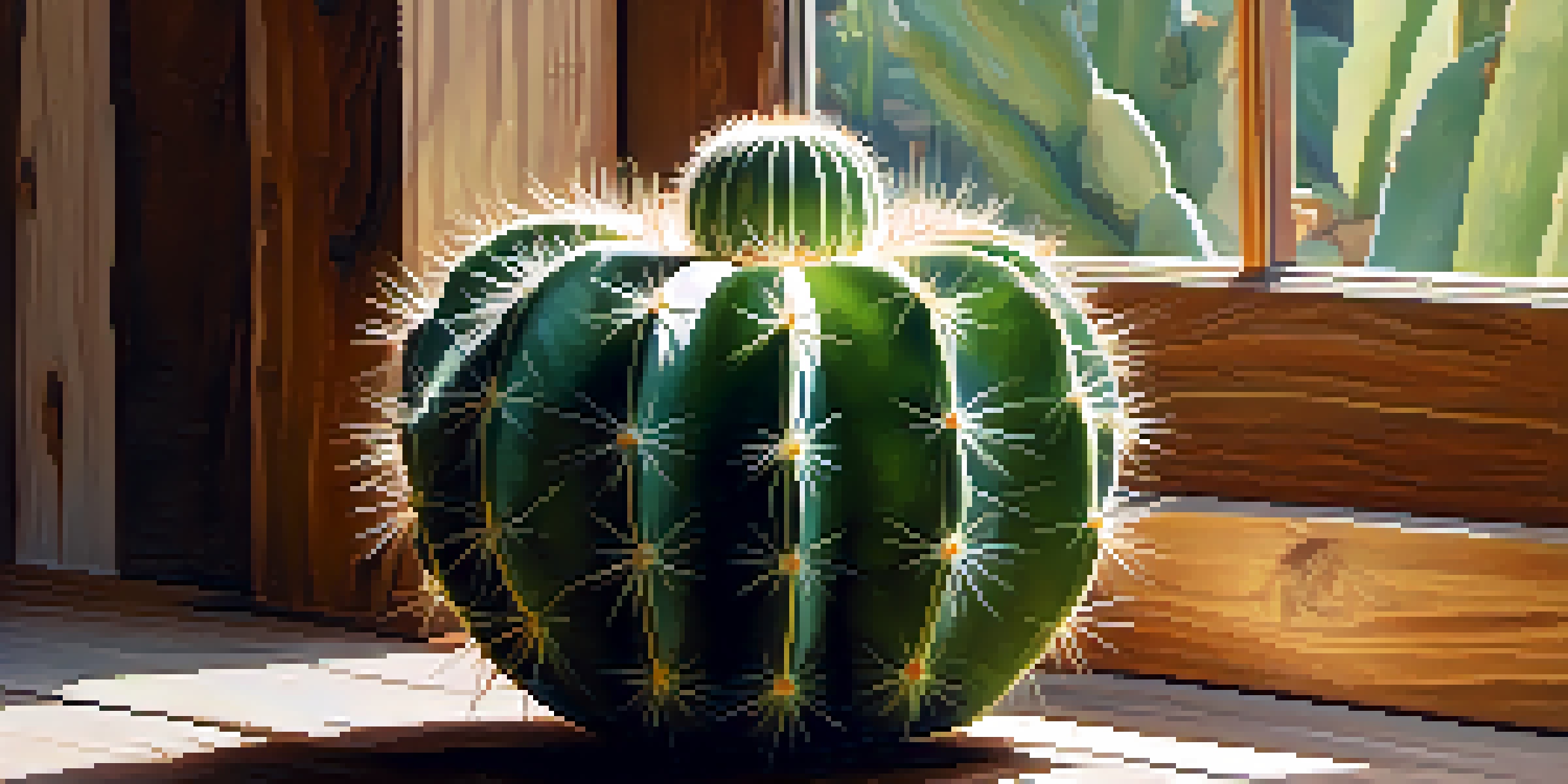 A close-up of a peyote cactus on a rustic wooden table, with soft natural light highlighting its texture and colors.