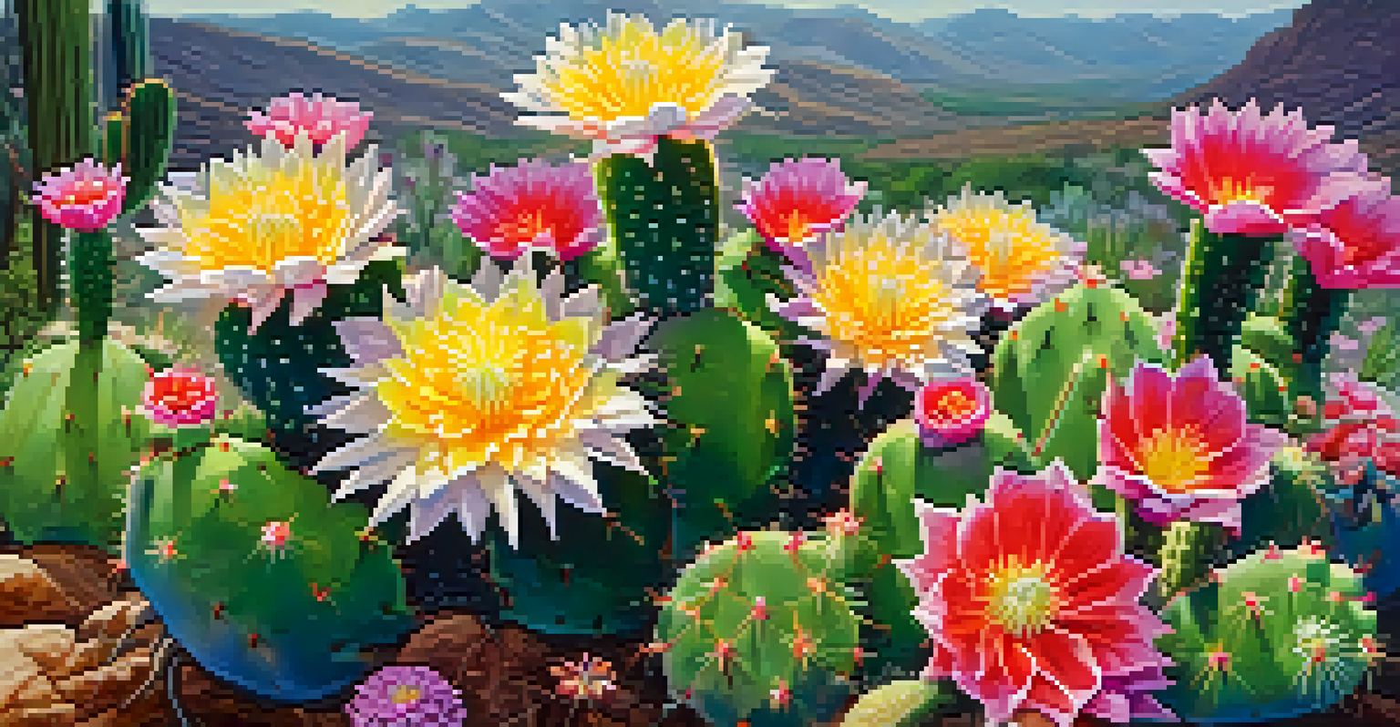 A close-up of a peyote cactus with vibrant wildflowers and morning dew, highlighting beauty and interconnectedness.