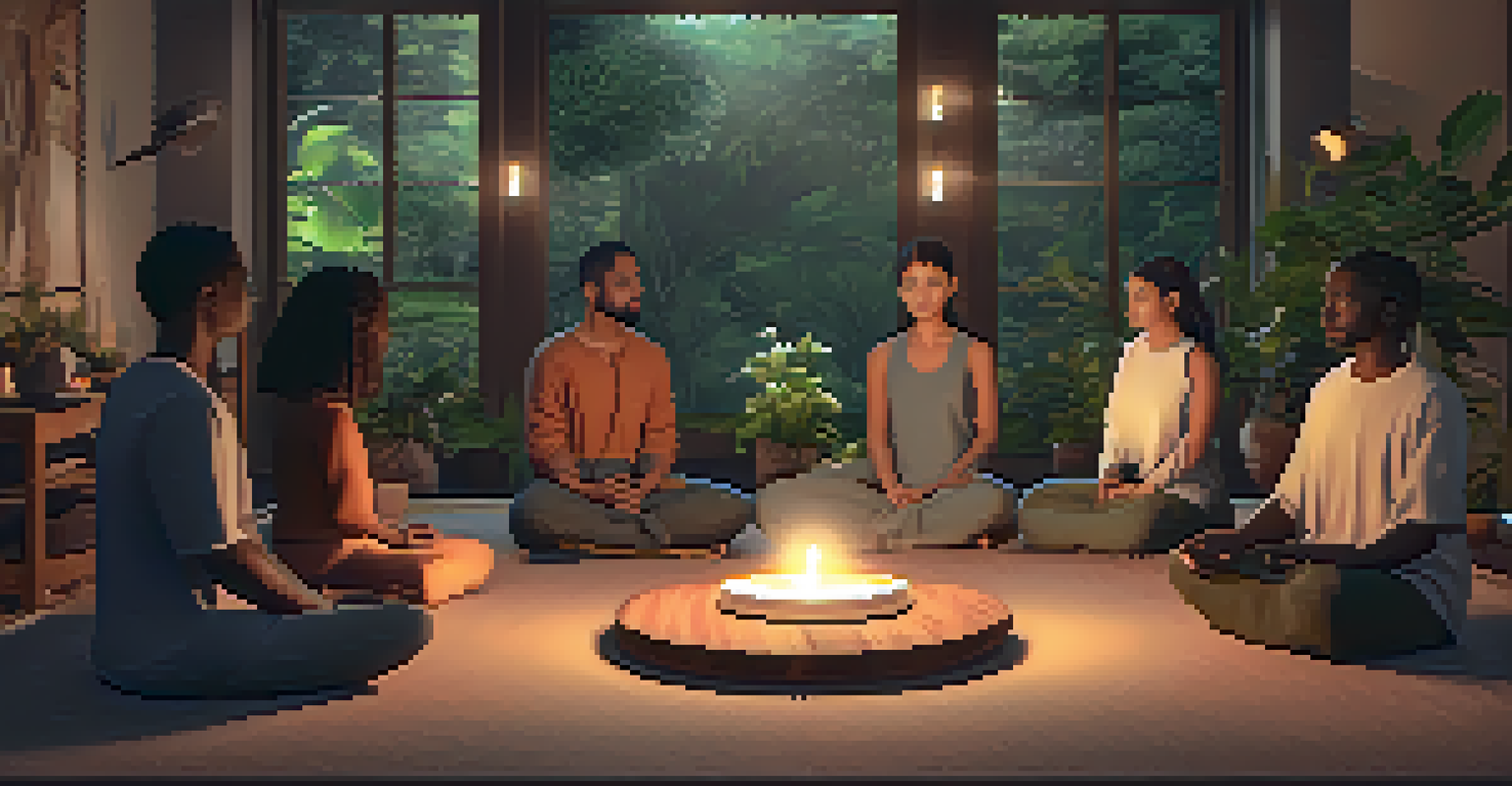 A group of people participating in a mindfulness workshop, seated in a circle with a warm and inviting atmosphere.