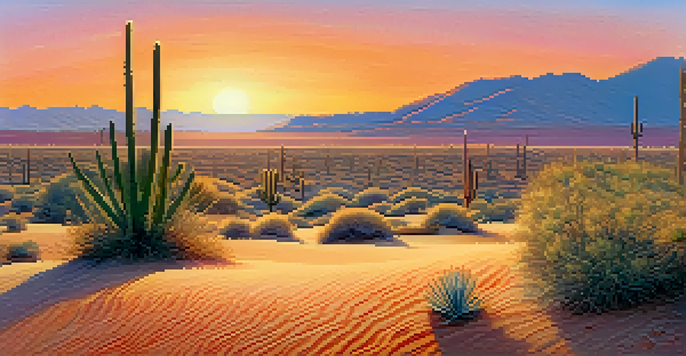 A desert scene with a small peyote cactus against a colorful sunset sky.