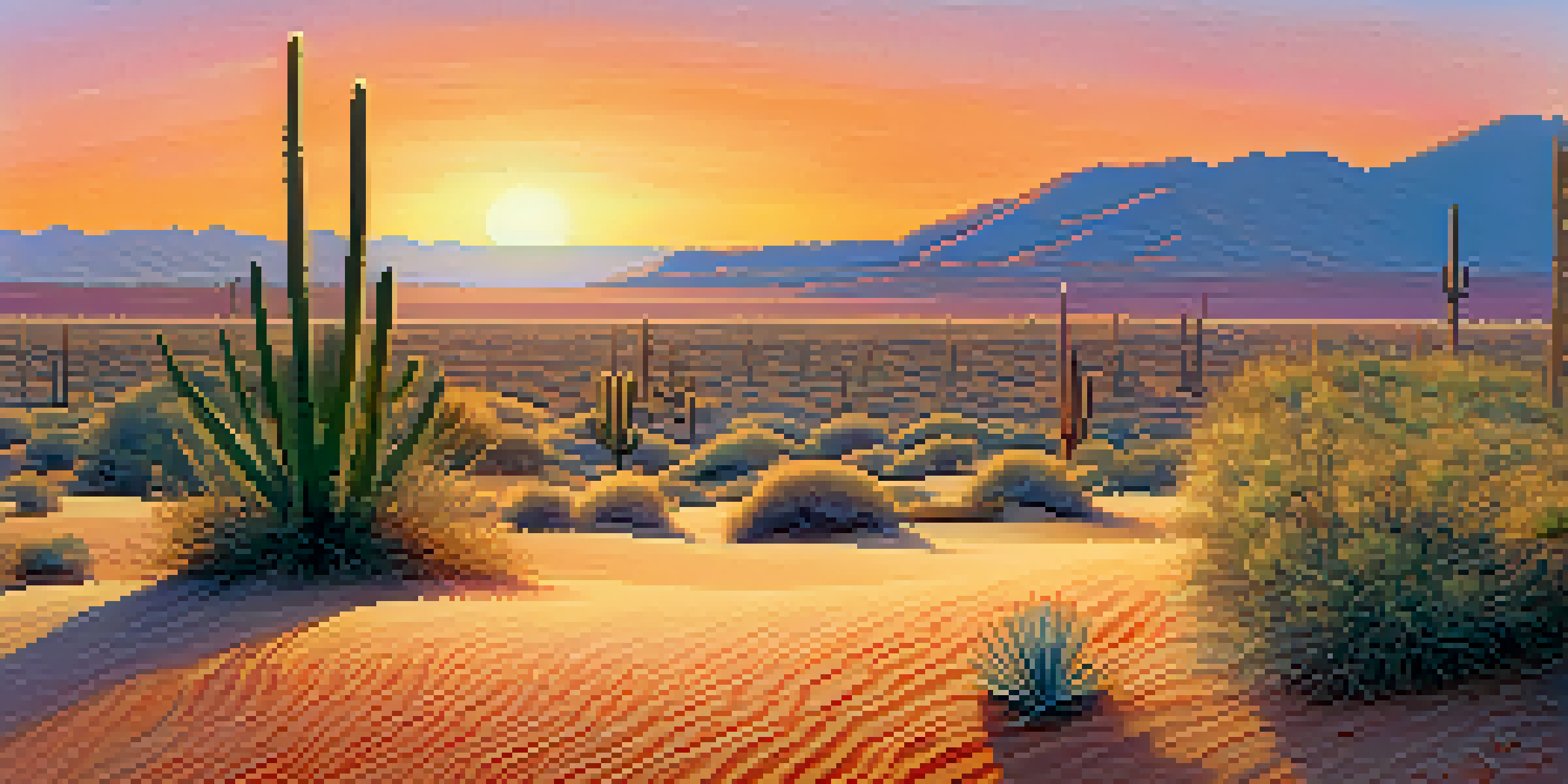 A desert scene with a small peyote cactus against a colorful sunset sky.