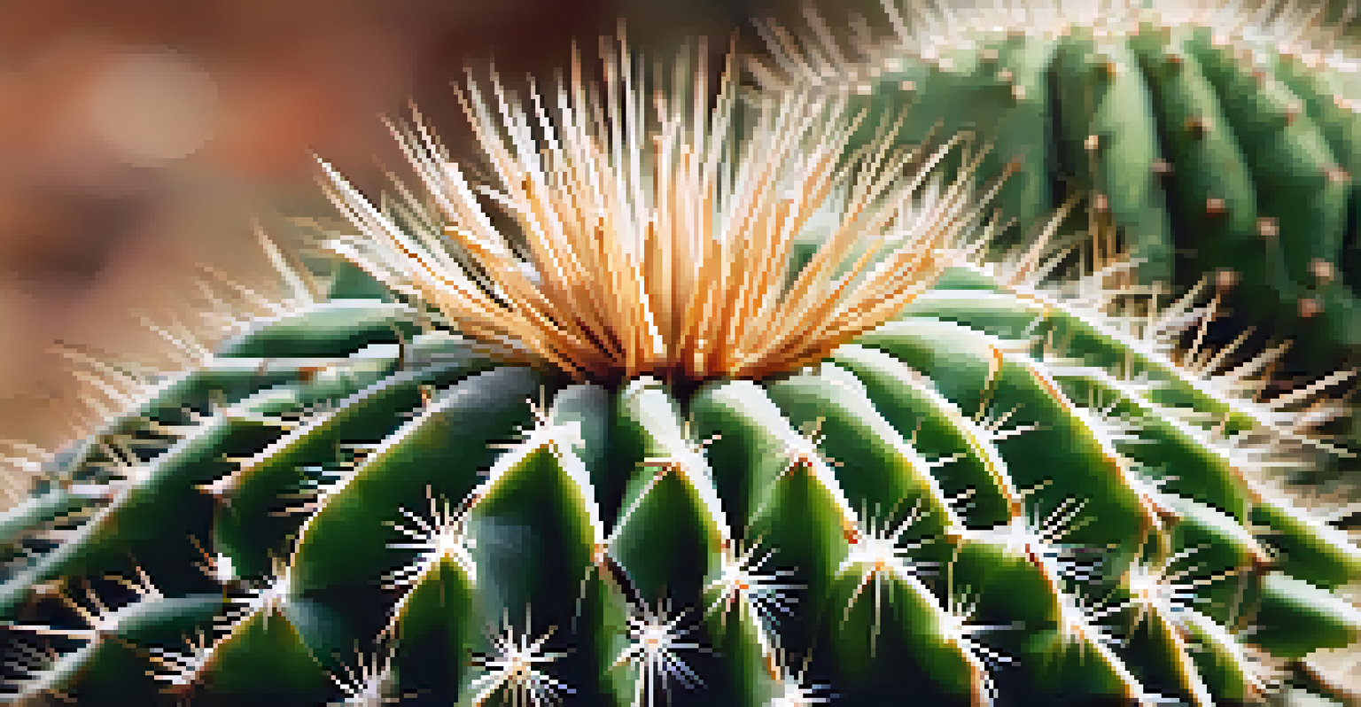 A close-up of a peyote cactus, focusing on its textures and spines with a blurred background.