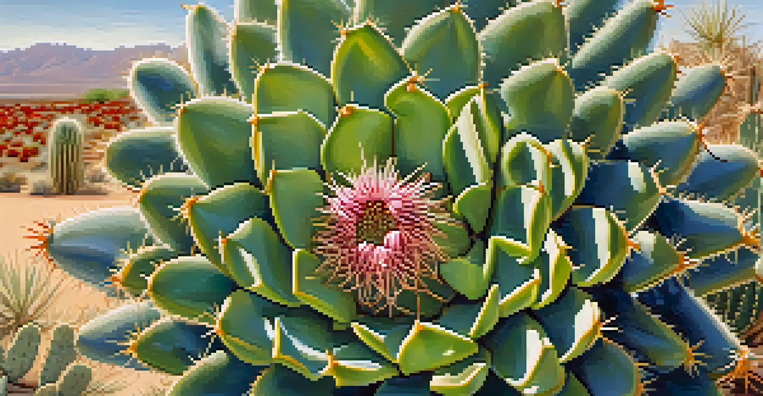 A close-up of a peyote cactus showing intricate textures and colors, with a blurred desert landscape in the background, illuminated by soft natural light.