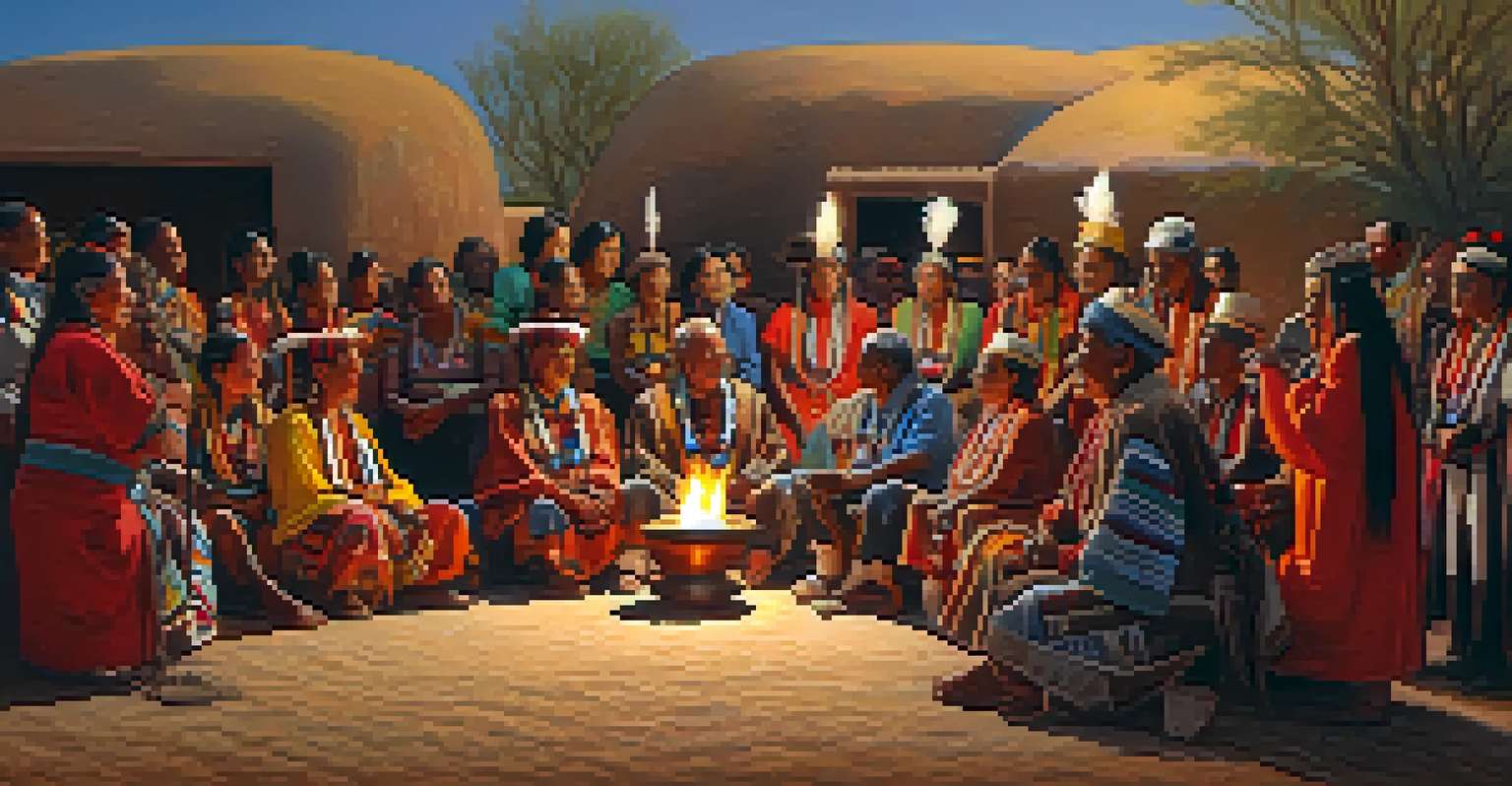 An elder leading a Peyote ceremony with participants listening, surrounded by traditional artifacts and warm firelight.