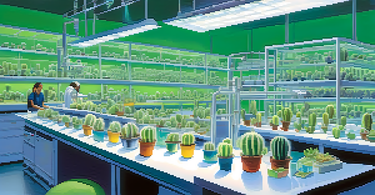 A laboratory with scientists examining peyote samples, showing lab equipment and notes, illustrating the scientific research on its therapeutic uses.