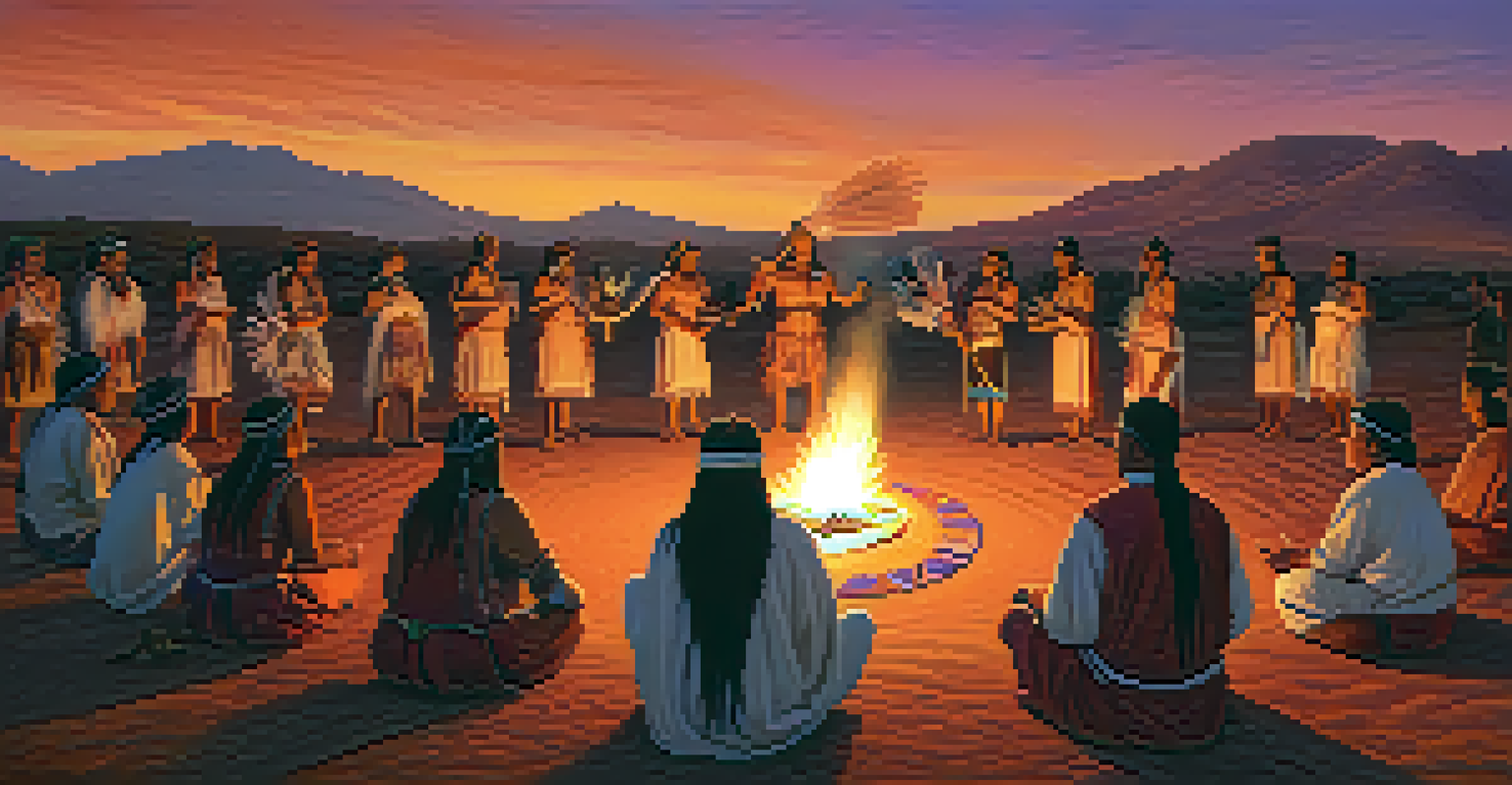 Indigenous people in traditional attire participating in a ceremonial ritual around a fire at dusk.