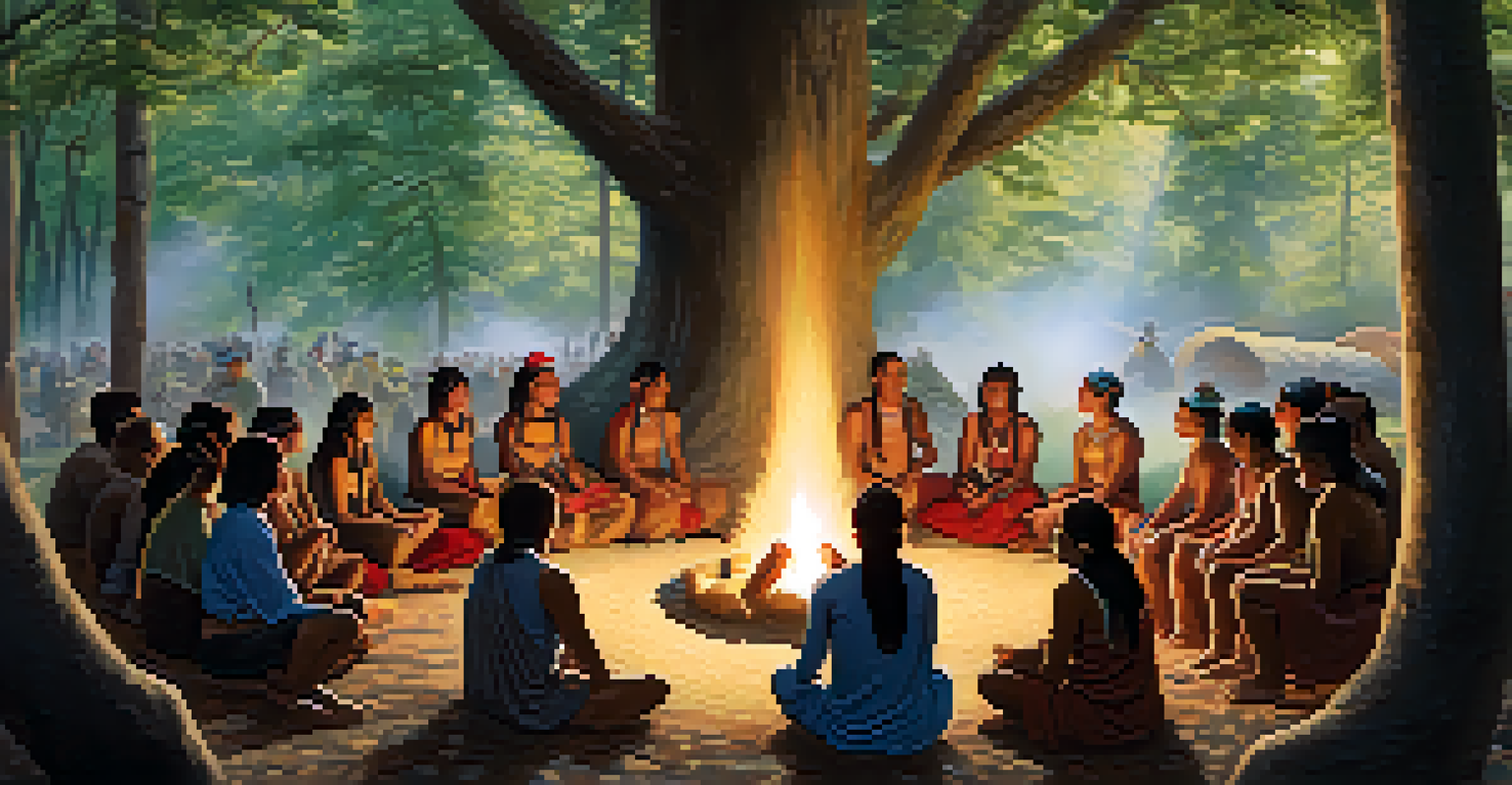 A group of Indigenous people engaged in a healing ceremony around a fire, surrounded by nature.