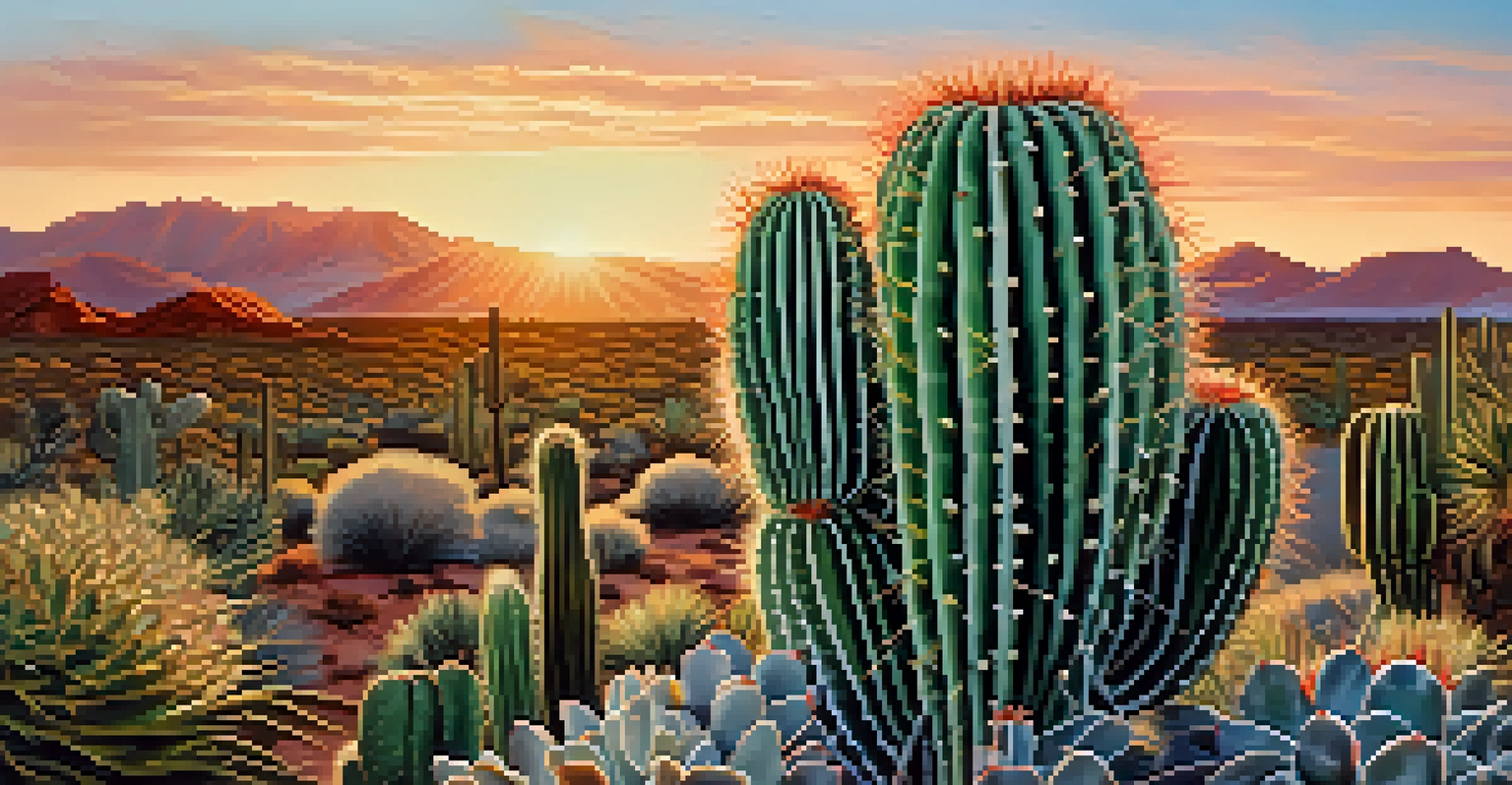Close-up of a peyote cactus with intricate patterns against a backdrop of desert flora and a sunset sky.