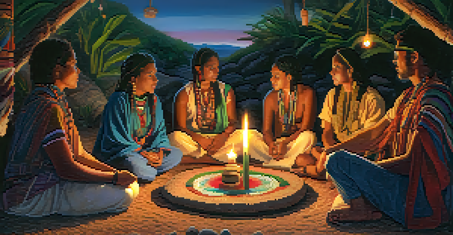 Diverse individuals gathered in a circle for a peyote ceremony, with colorful textiles and candlelight creating a warm community atmosphere.