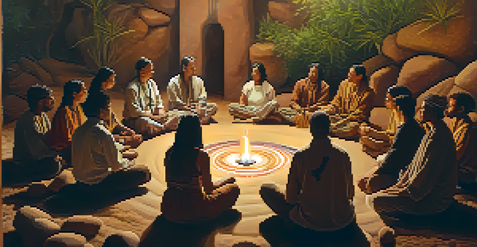 A diverse group of people in a circle participating in a peyote ceremony, surrounded by nature and soft candlelight.