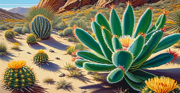 A close-up image of a Peyote cactus surrounded by colorful desert flowers, bathed in soft sunlight.