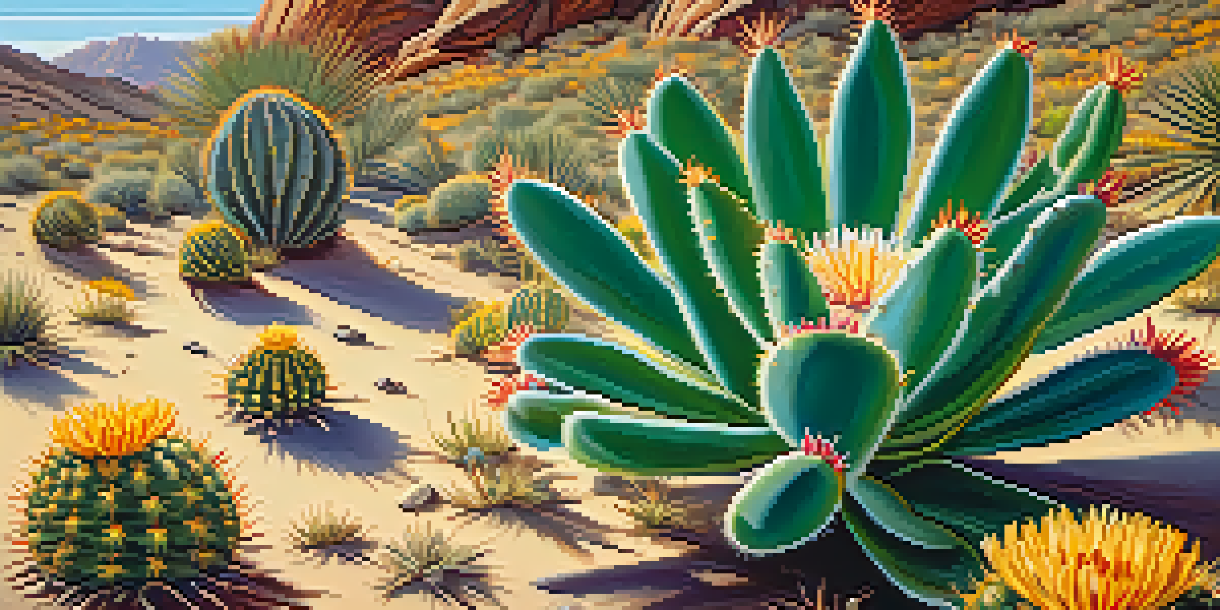 A close-up image of a Peyote cactus surrounded by colorful desert flowers, bathed in soft sunlight.