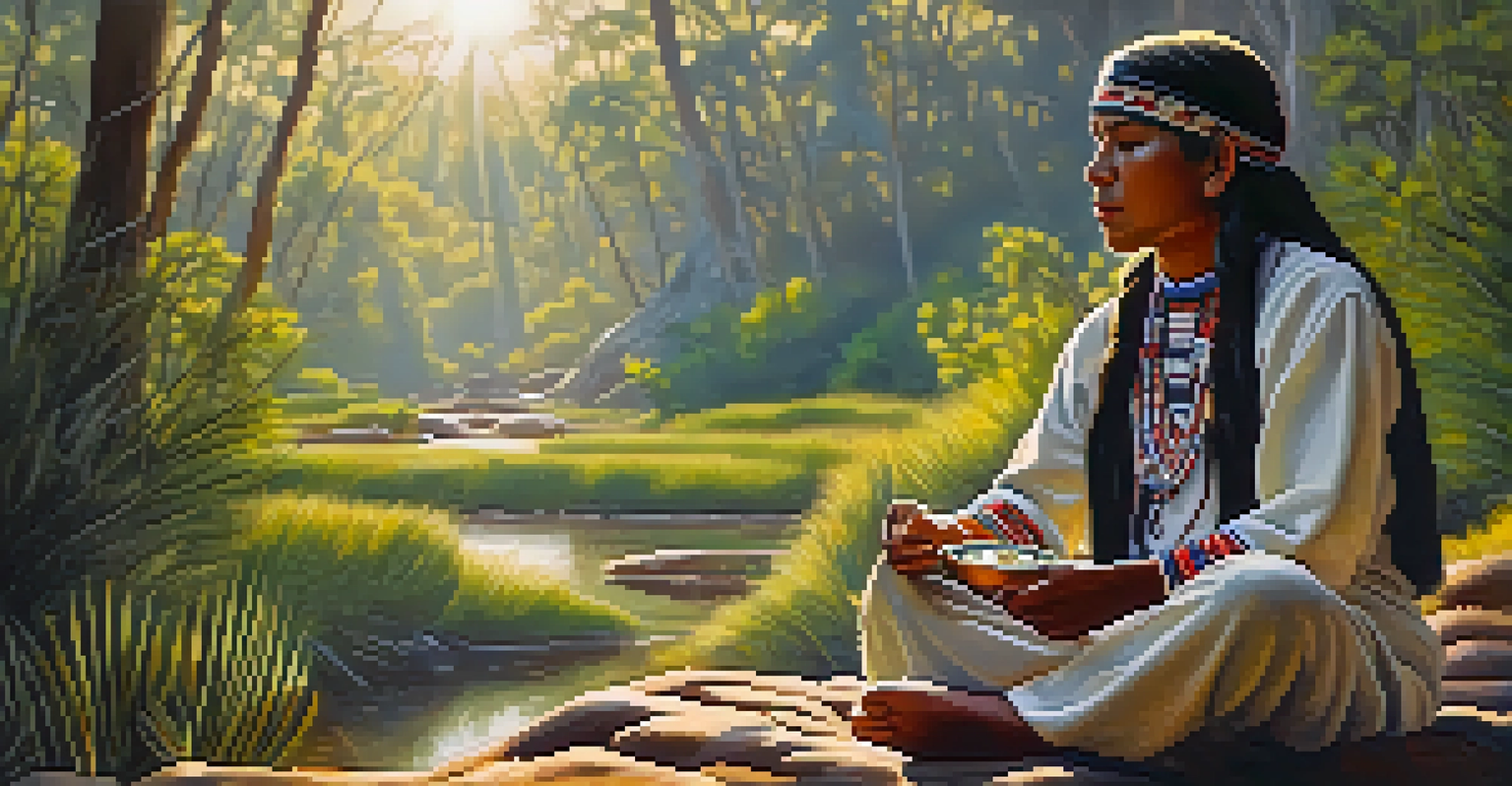 Indigenous person in traditional attire holding a peyote button in a natural setting with sunlight filtering through trees.