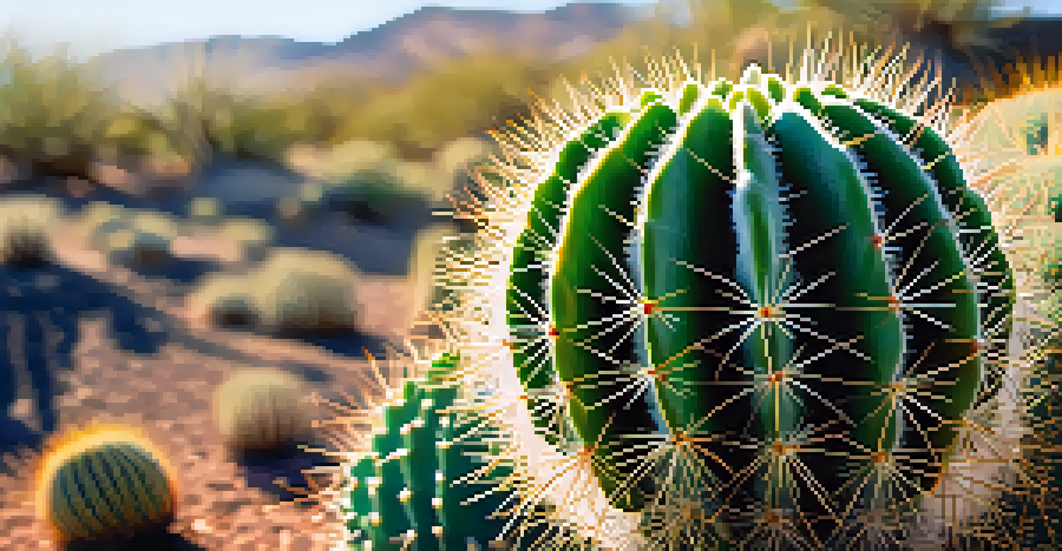 A close-up view of a peyote cactus, highlighting its unique texture and vibrant green skin, with warm sunlight creating soft shadows in the background.