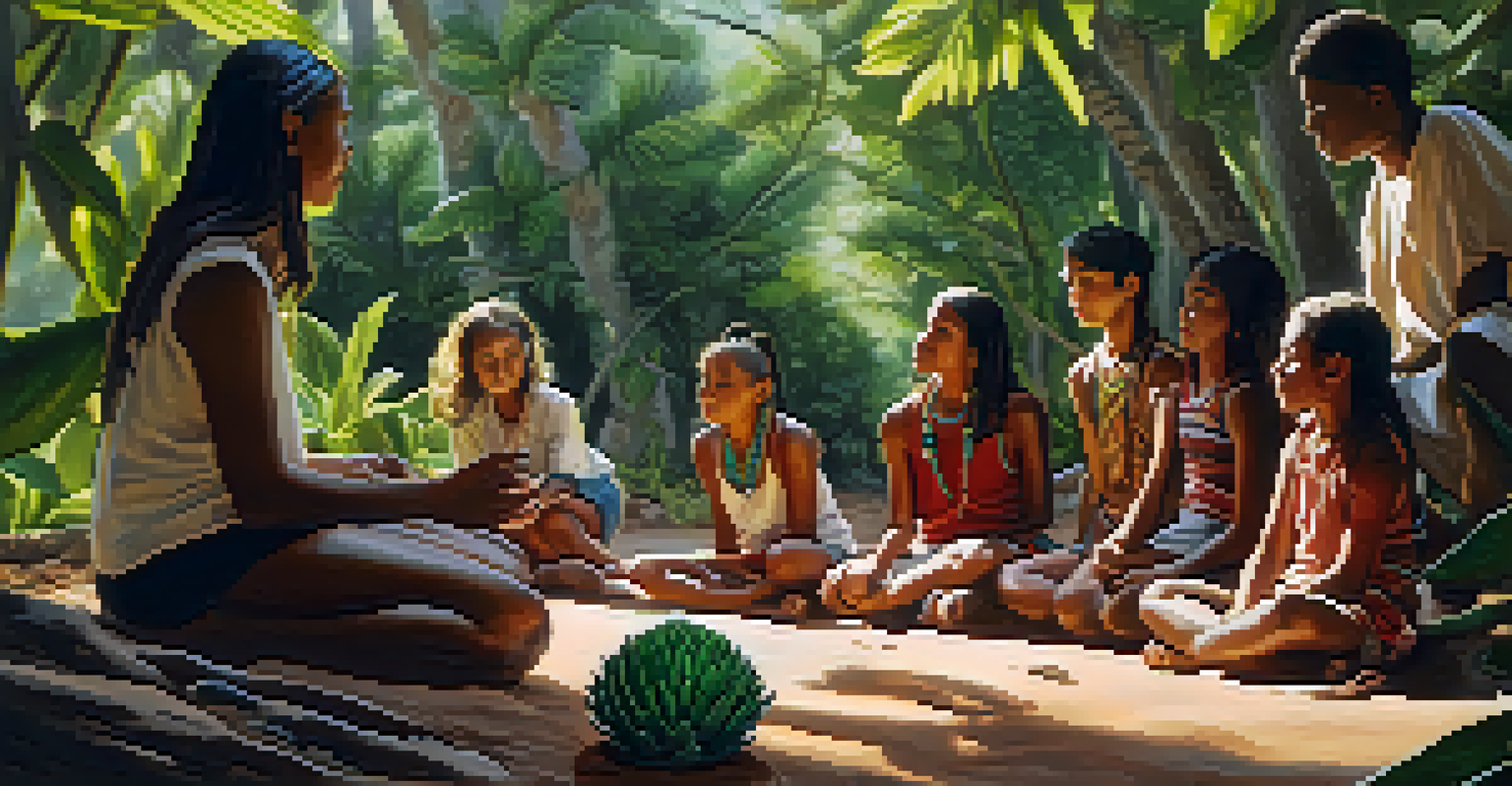 An Indigenous elder sharing knowledge about peyote with young people in a natural setting, surrounded by greenery and sunlight.