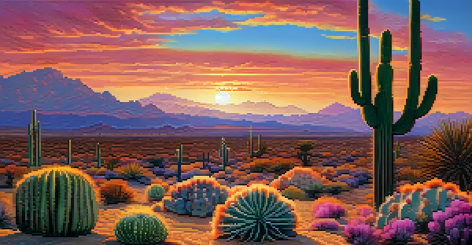 A desert landscape at sunset with peyote cacti in the foreground and a colorful sky.