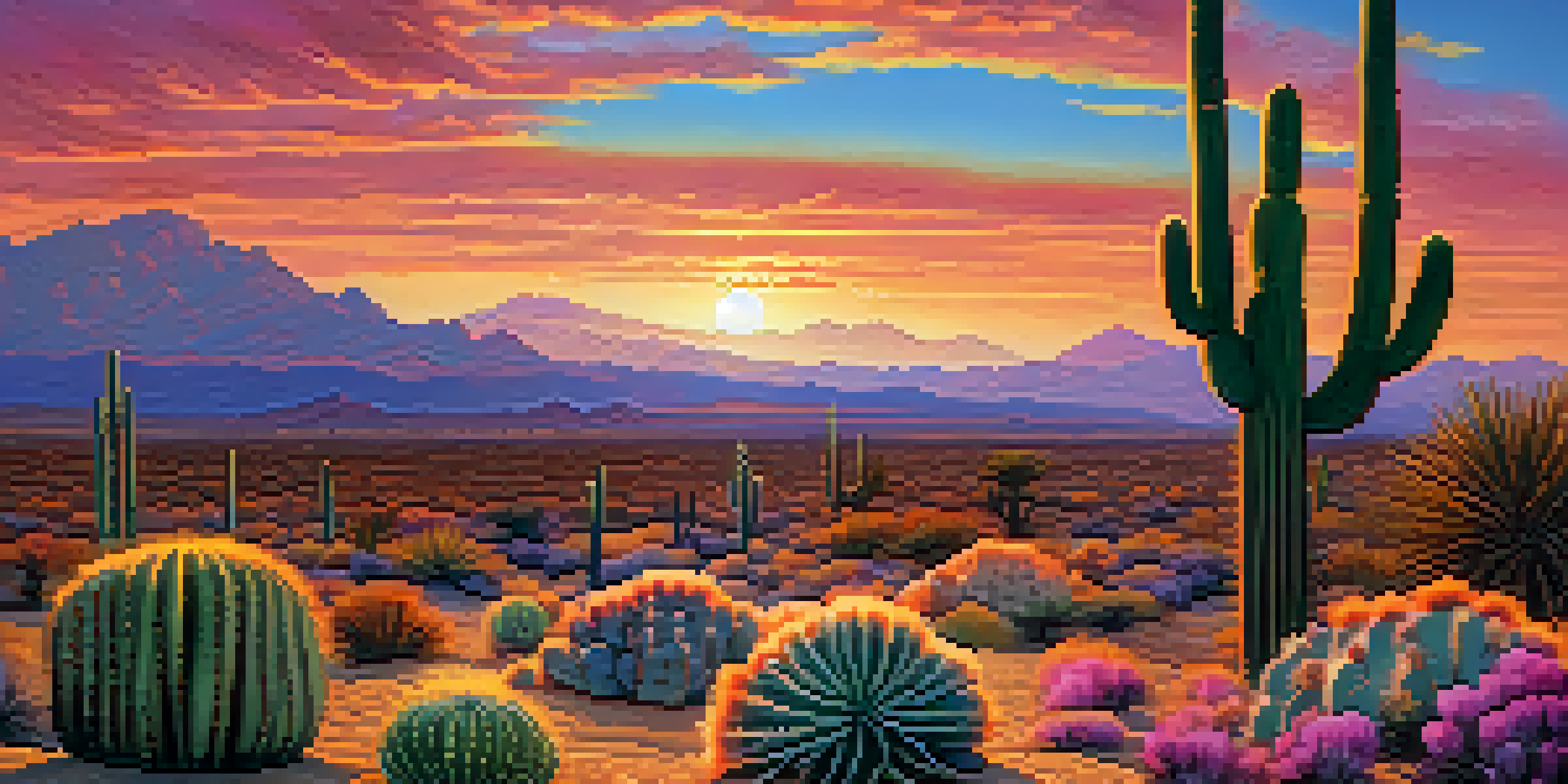 A desert landscape at sunset with peyote cacti in the foreground and a colorful sky.