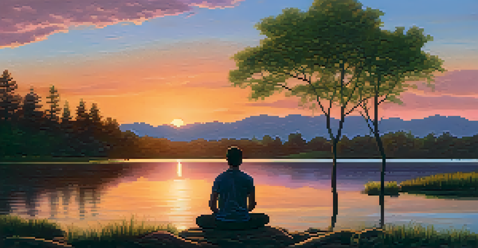 A person meditating on a rock by a calm lake during a colorful sunset, surrounded by green trees.