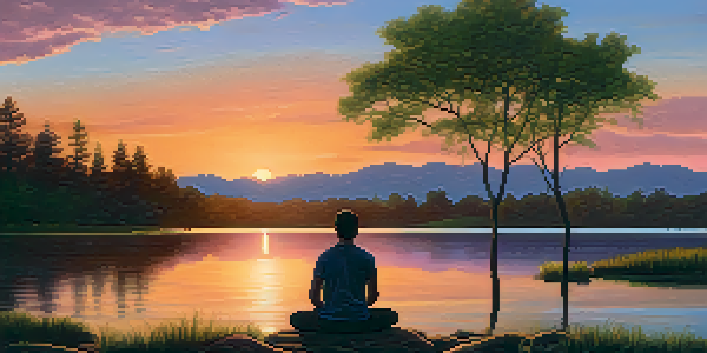 A person meditating on a rock by a calm lake during a colorful sunset, surrounded by green trees.