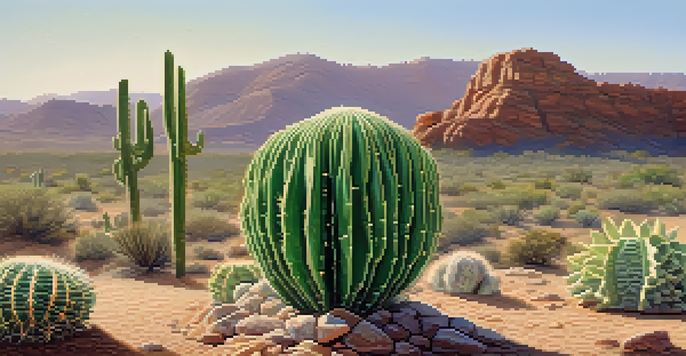 A detailed view of a peyote cactus with a blurred desert landscape in the background, emphasizing the cactus's vibrant green color and textures.