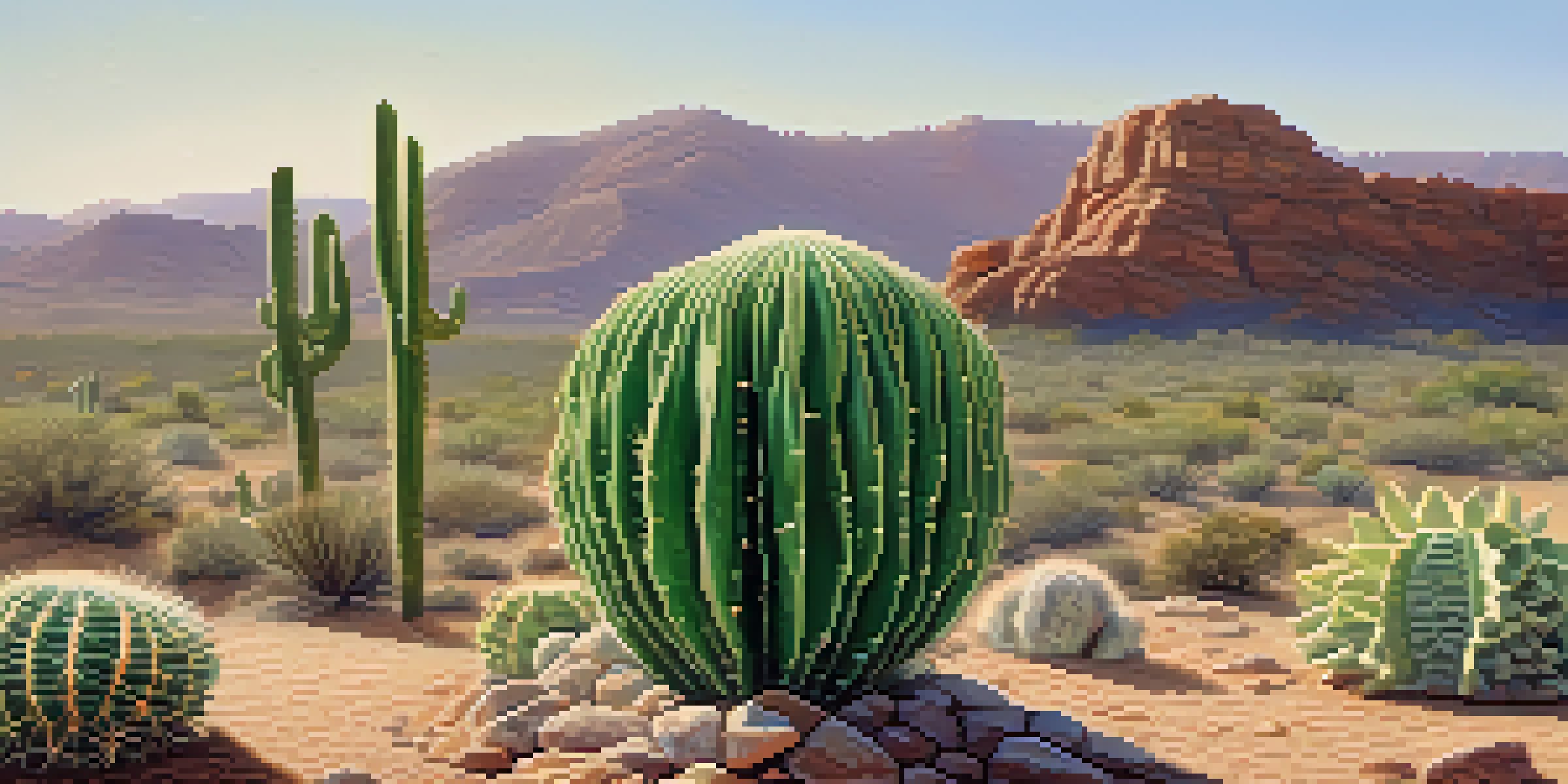 A detailed view of a peyote cactus with a blurred desert landscape in the background, emphasizing the cactus's vibrant green color and textures.