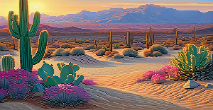 A blooming peyote cactus in a desert landscape during sunset, with warm colors in the sky and soft shadows on the sand.