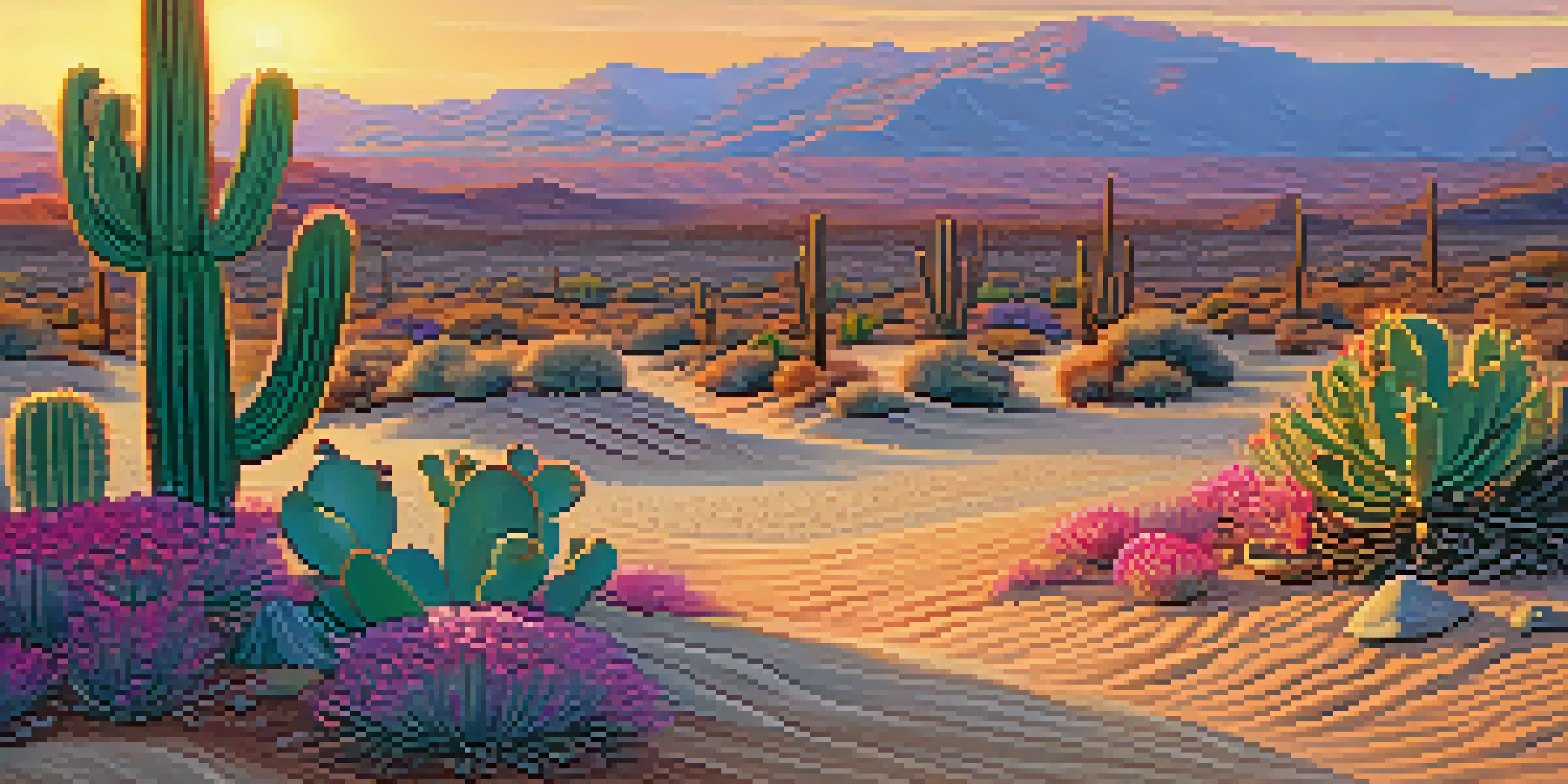 A blooming peyote cactus in a desert landscape during sunset, with warm colors in the sky and soft shadows on the sand.