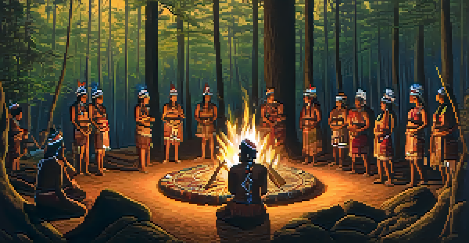 An Indigenous ceremony in a forest with participants around a fire, sharing stories and wearing traditional attire.