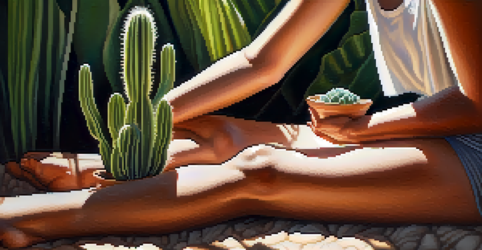 A person meditating outdoors with a peyote cactus in their lap, illuminated by soft sunlight and surrounded by greenery.