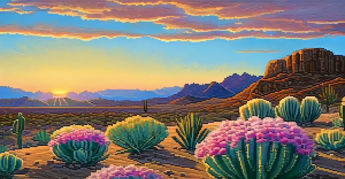 A colorful desert landscape featuring a small peyote cactus at sunset, with warm sky colors and distant mountains.