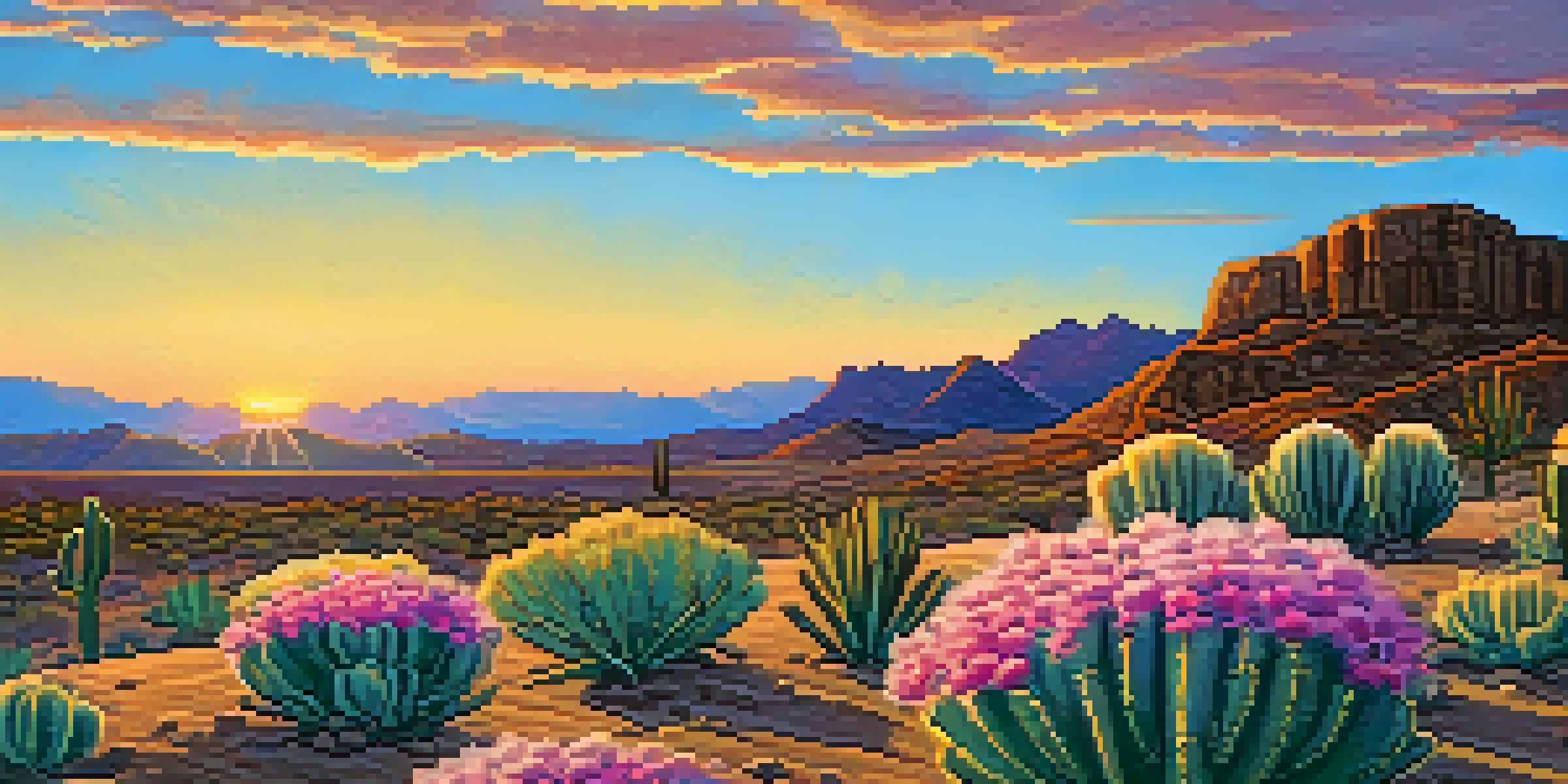 A colorful desert landscape featuring a small peyote cactus at sunset, with warm sky colors and distant mountains.