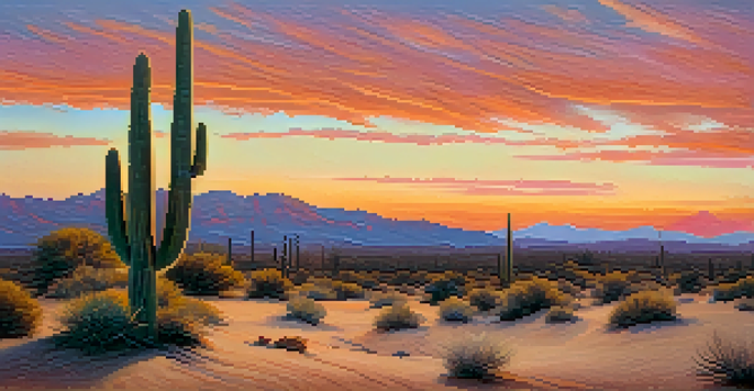 A peaceful desert scene at sunset with a small Peyote cactus in the foreground, surrounded by warm colors in the sky.