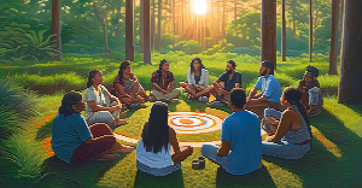 A diverse group of people in a circle discussing the cultural significance of peyote, with a forest backdrop.