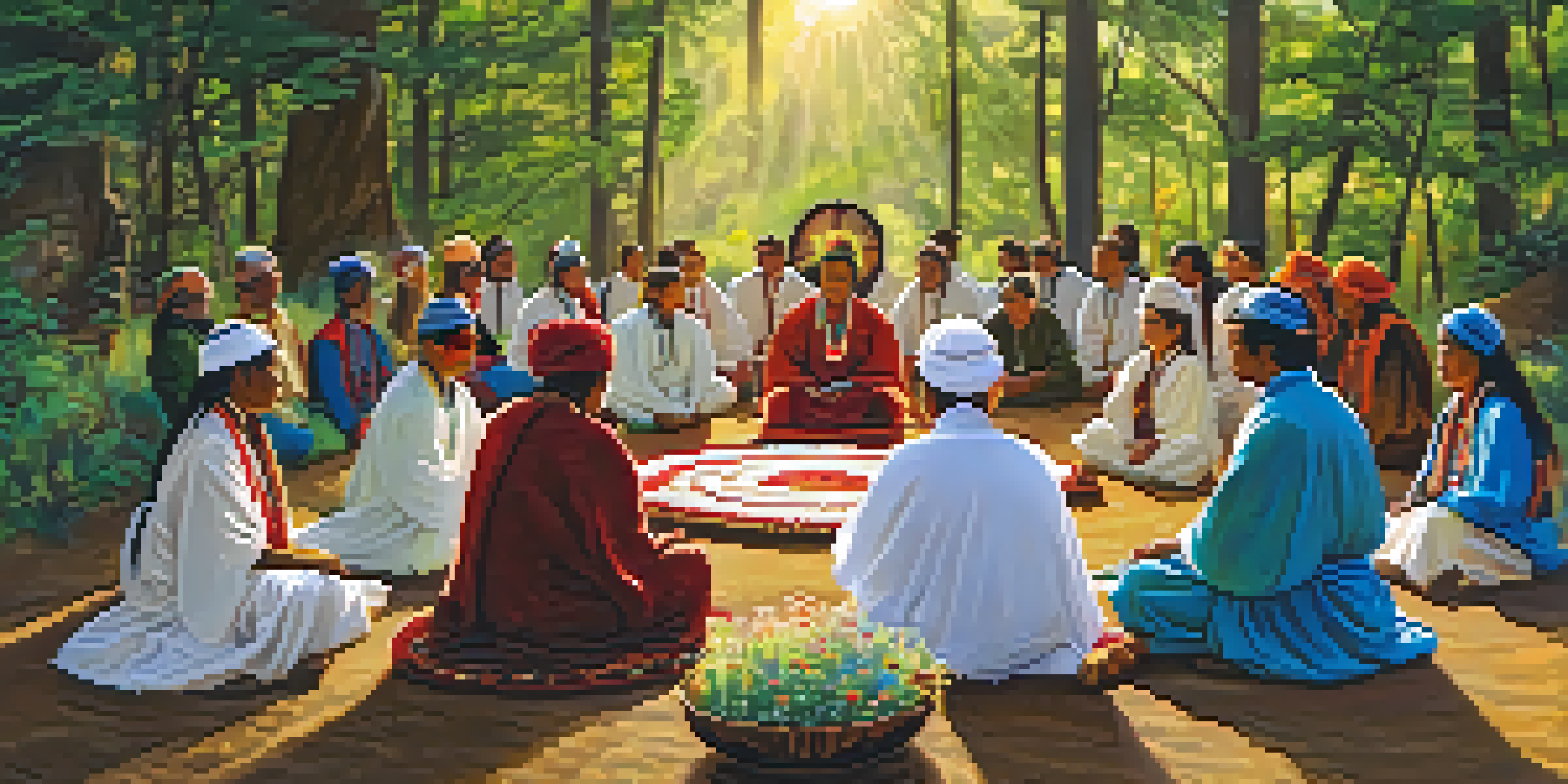 A group of people in traditional attire participating in a peyote ceremony, seated in a circle surrounded by nature and sunlight.